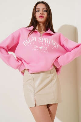 Yarım Fermuarlı Baskılı Sweatshirt Pembe - Kadın Giyim Modelleri
