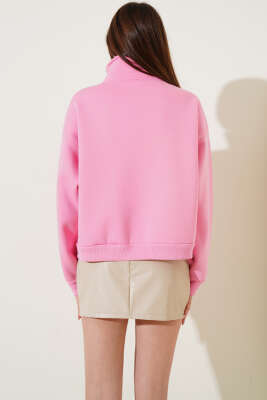 Yarım Fermuarlı Baskılı Sweatshirt Pembe - Kadın Giyim Modelleri