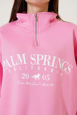 Yarım Fermuarlı Baskılı Sweatshirt Pembe - Kadın Giyim Modelleri