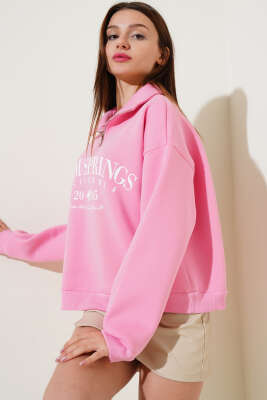 Yarım Fermuarlı Baskılı Sweatshirt Pembe 