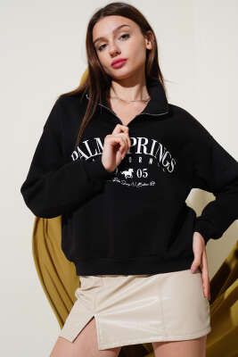 	 Yarım Fermuarlı Baskılı Sweatshirt Siyah - Kadın Giyim Modelleri