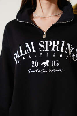 	 Yarım Fermuarlı Baskılı Sweatshirt Siyah - Kadın Giyim Modelleri