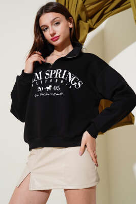 	 Yarım Fermuarlı Baskılı Sweatshirt Siyah 