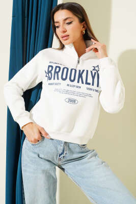 Yarım Fermuarlı Baskılı Üç İplik Sweat Ekru - Kadın Giyim Modelleri