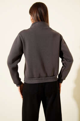 Yarım Fermuarlı Baskılı Üç İplik Sweat Füme - Kadın Giyim Modelleri