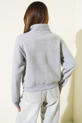 Yarım Fermuarlı Baskılı Üç İplik Sweat Gri - Kadın Giyim Modelleri