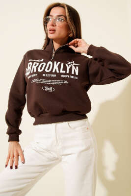 Yarım Fermuarlı Baskılı Üç İplik Sweat Kahve - Günün Seçilenleri