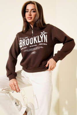 Yarım Fermuarlı Baskılı Üç İplik Sweat Kahve - Kadın Giyim Modelleri