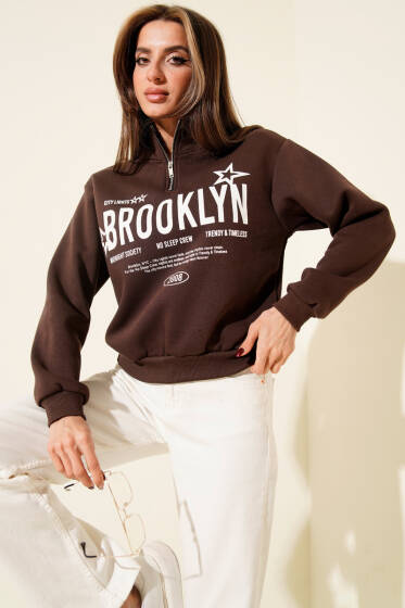 Yarım Fermuarlı Baskılı Üç İplik Sweat Kahve - Kadın Giyim Modelleri