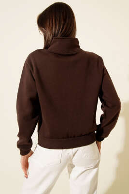 Yarım Fermuarlı Baskılı Üç İplik Sweat Kahve - Kadın Giyim Modelleri