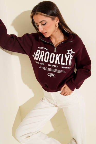 Yarım Fermuarlı Baskılı Üç İplik Sweat Mürdüm - Günün Seçilenleri