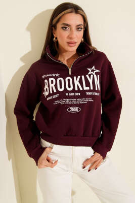 Yarım Fermuarlı Baskılı Üç İplik Sweat Mürdüm - Günün Seçilenleri