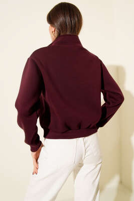 Yarım Fermuarlı Baskılı Üç İplik Sweat Mürdüm - Günün Seçilenleri