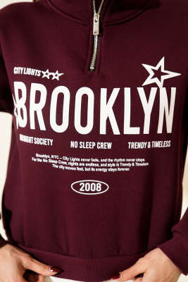 Yarım Fermuarlı Baskılı Üç İplik Sweat Mürdüm - Günün Seçilenleri