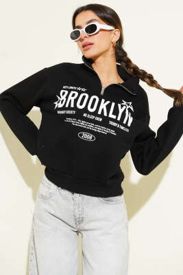 Yarım Fermuarlı Baskılı Üç İplik Sweat Siyah - ADYES