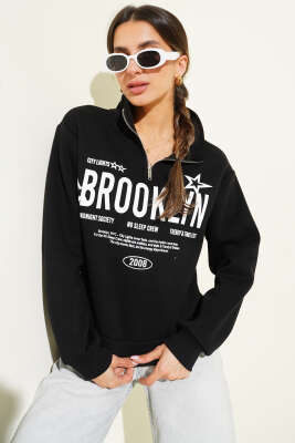 Yarım Fermuarlı Baskılı Üç İplik Sweat Siyah - Kadın Giyim Modelleri