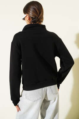 Yarım Fermuarlı Baskılı Üç İplik Sweat Siyah - Kadın Giyim Modelleri