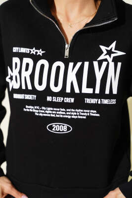 Yarım Fermuarlı Baskılı Üç İplik Sweat Siyah - Kadın Giyim Modelleri