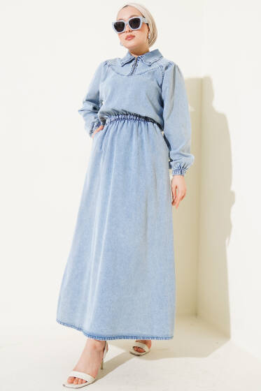 Yarım Fermuarlı Bel Lastikli Kot Elbise Açık Mavi - Elbise