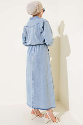 Yarım Fermuarlı Bel Lastikli Kot Elbise Açık Mavi - Tesettür Elbise