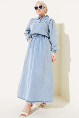 Yarım Fermuarlı Bel Lastikli Kot Elbise Açık Mavi - Tesettür Elbise