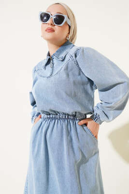 Yarım Fermuarlı Bel Lastikli Kot Elbise Açık Mavi - Tesettür Elbise