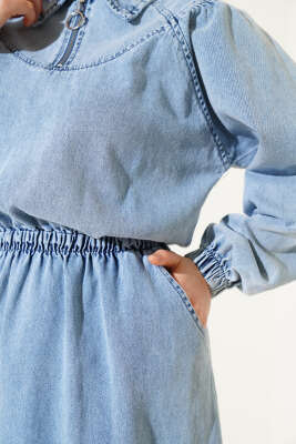 Yarım Fermuarlı Bel Lastikli Kot Elbise Açık Mavi - Tesettür Elbise