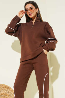 Yarım Fermuarlı Biyeli Üç İplik İkili Takım Kahve - Kadın Giyim Modelleri