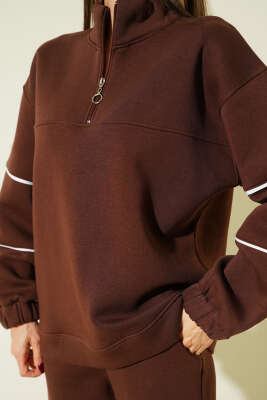 Yarım Fermuarlı Biyeli Üç İplik İkili Takım Kahve - Kadın Giyim Modelleri