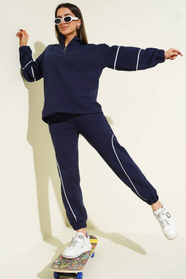 Yarım Fermuarlı Biyeli Üç İplik İkili Takım Lacivert - Kadın Giyim Modelleri