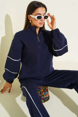 Yarım Fermuarlı Biyeli Üç İplik İkili Takım Lacivert - Kadın Giyim Modelleri