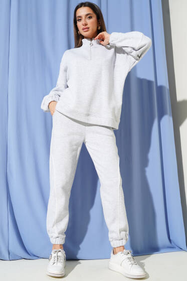 Yarım Fermuarlı Biyeli Üç İplik İkili Takım Melanj Gri - Kadın Giyim Modelleri