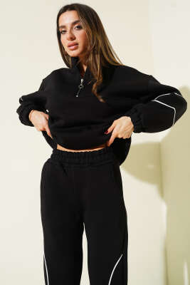 Yarım Fermuarlı Biyeli Üç İplik İkili Takım Siyah - Kadın Giyim Modelleri