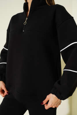 Yarım Fermuarlı Biyeli Üç İplik İkili Takım Siyah - Kadın Giyim Modelleri