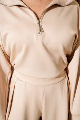 Yarım Fermuarlı Bluzlu Loyşa İkili Takım Bej - Kadın Giyim Modelleri