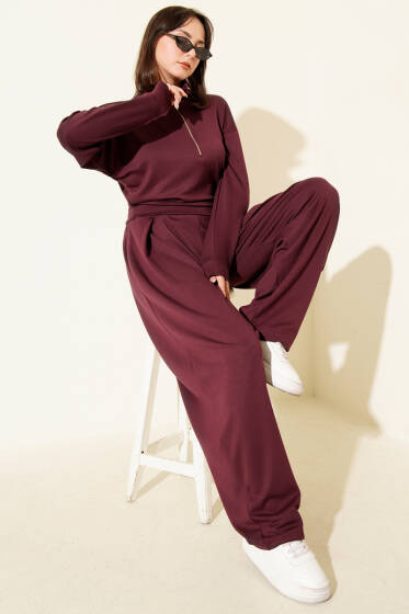 Yarım Fermuarlı Bluzlu Loyşa İkili Takım Bordo - Kadın Giyim Modelleri