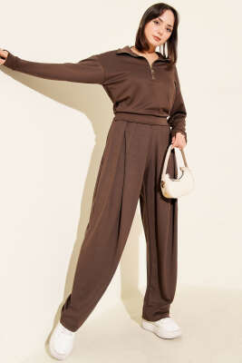 Yarım Fermuarlı Bluzlu Loyşa İkili Takım Kahve - PAMİRA