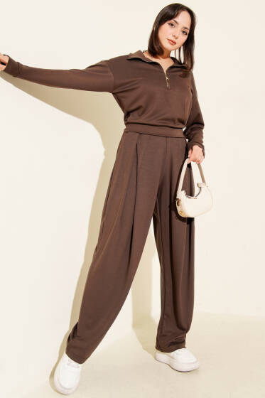 Yarım Fermuarlı Bluzlu Loyşa İkili Takım Kahve - Kadın Giyim Modelleri