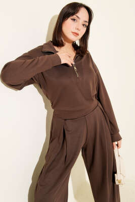 Yarım Fermuarlı Bluzlu Loyşa İkili Takım Kahve - Kadın Giyim Modelleri