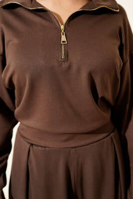 Yarım Fermuarlı Bluzlu Loyşa İkili Takım Kahve - Kadın Giyim Modelleri