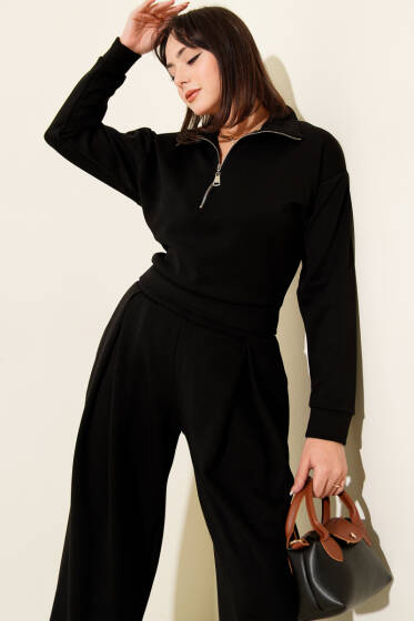 Yarım Fermuarlı Bluzlu Loyşa İkili Takım Siyah - Kadın Giyim Modelleri