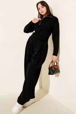 Yarım Fermuarlı Bluzlu Loyşa İkili Takım Siyah - Kadın Giyim Modelleri