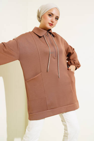 	 Yarım Fermuarlı Cepli Tunik Taba - Tunik