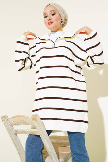 Yarım Fermuarlı Çizgili Salaş Tunik Kahve - Tunik