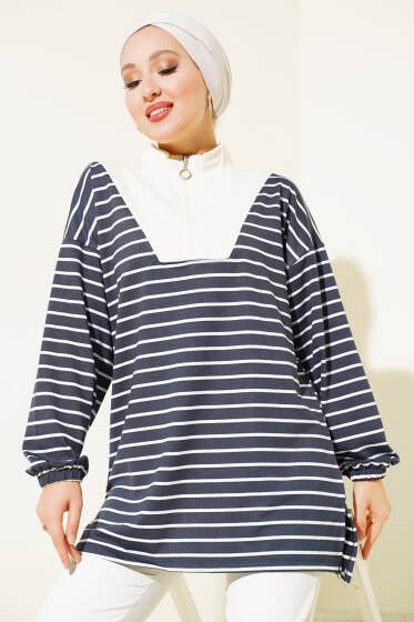 Yarım Fermuarlı Çizgili Tunik Füme - Tunik