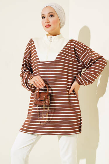Yarım Fermuarlı Çizgili Tunik Kahve - Tunik