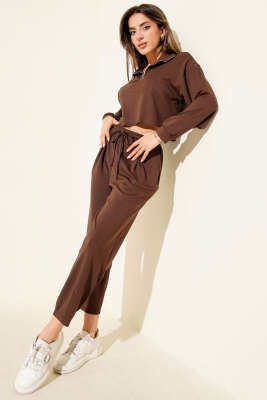 Yarım Fermuarlı Crop İkili Takım Kahve - FİXAY