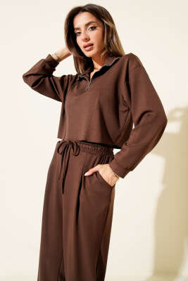 Yarım Fermuarlı Crop İkili Takım Kahve - Kadın Giyim Modelleri