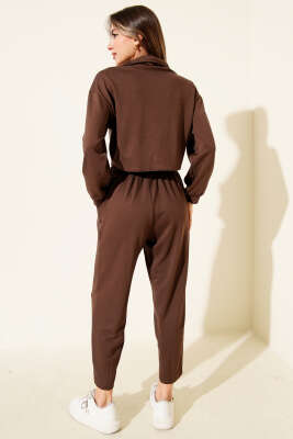 Yarım Fermuarlı Crop İkili Takım Kahve - Kadın Giyim Modelleri