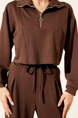 Yarım Fermuarlı Crop İkili Takım Kahve - Kadın Giyim Modelleri